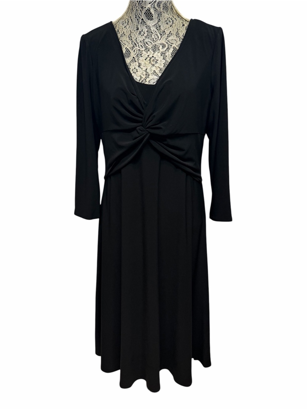 Chaps XL Black Twist Front 3/4 Sleeve Fit Flare Midi Dress Stretch
